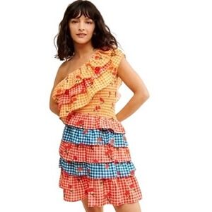 Farm Rio for Anthropologie Cherry Gingham Ruffle‎ One Shoulder Mini Dress Medium
